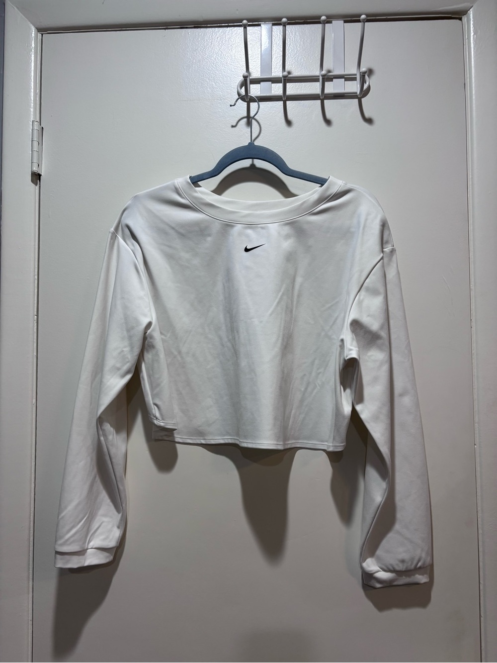 Nike White Cropped Long-Sleeve Sweatshirt with Black Swoosh